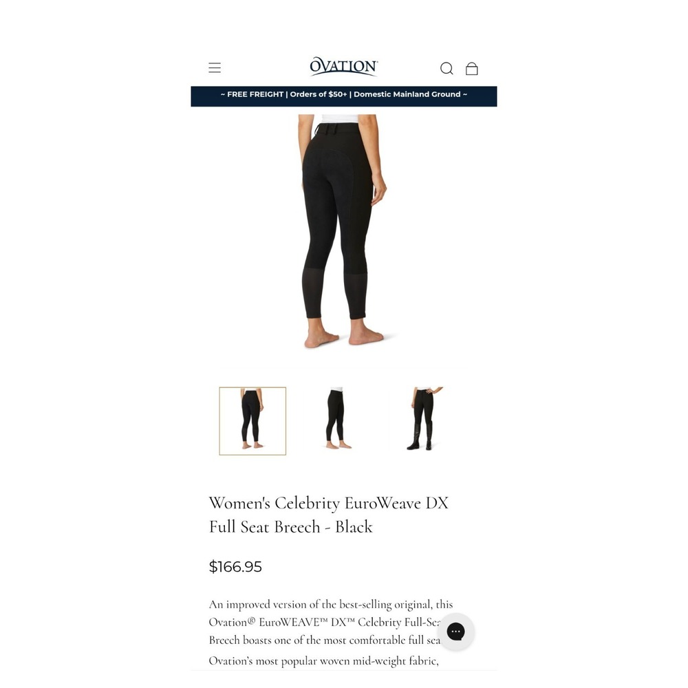 NWT OVATION Dressage Secret Full Seat Breeches sz 36 Black Horse Riding